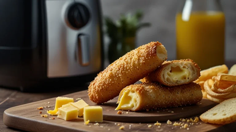 Tequeño de queso crujiente en una freidora de aire, con queso derretido saliendo, acompañado de masa de trigo, palitos de queso y un cuenco de aceite de oliva.