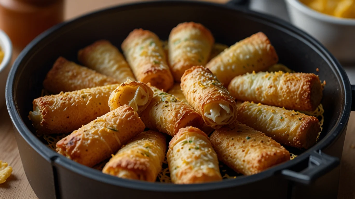 Tequeño de queso crujiente en una freidora de aire, con queso derretido saliendo, acompañado de masa de trigo, palitos de queso y un cuenco de aceite de oliva.