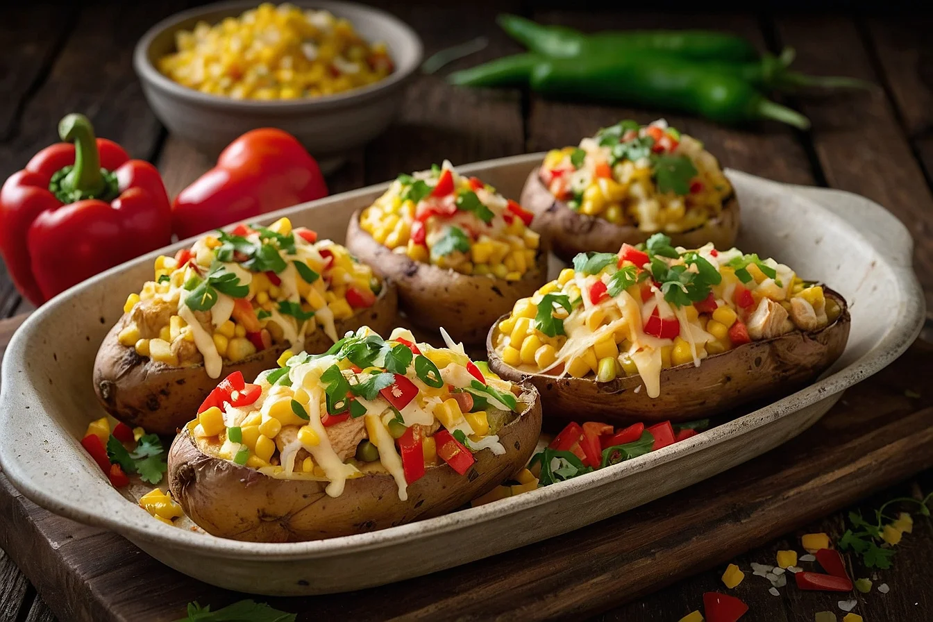 Patatas Rellenas de Pollo Cremosas servidas en un plato con queso gratinado y pimientos, listas para disfrutar.