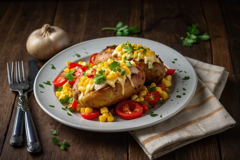 Patatas Rellenas de Pollo Cremosas servidas en un plato con queso gratinado y pimientos, listas para disfrutar.