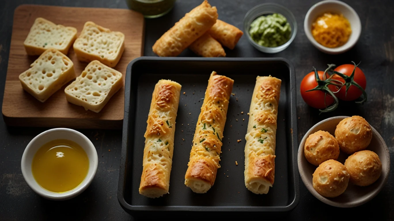 Tequeño de queso crujiente en una freidora de aire, con queso derretido saliendo, acompañado de masa de trigo, palitos de queso y un cuenco de aceite de oliva.