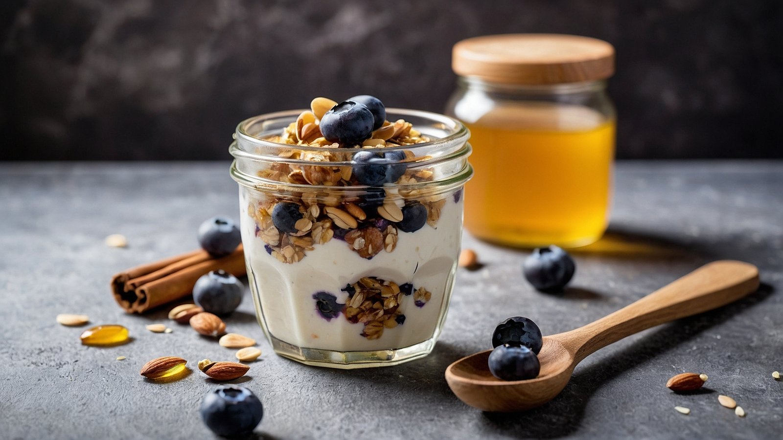 muesli: avena, arándanos, yogur, nueces, leche, miel y canela