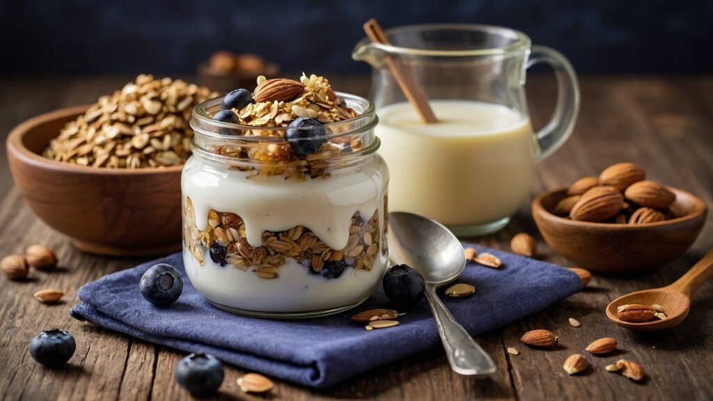 muesli: avena, arándanos, yogur, nueces, leche, miel y canela