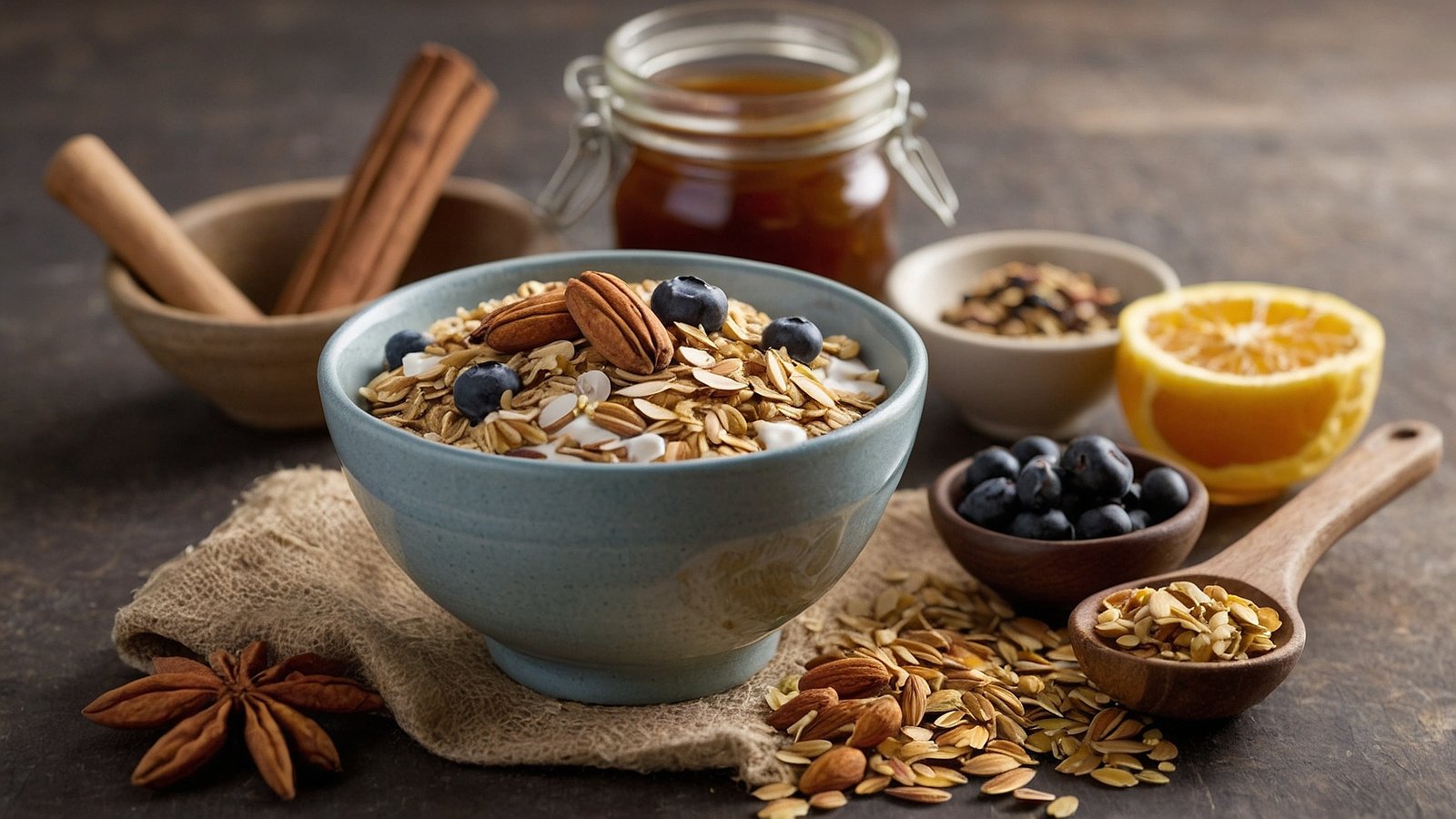  muesli de avena: avena, arándanos, yogur, nueces, leche, miel y canela