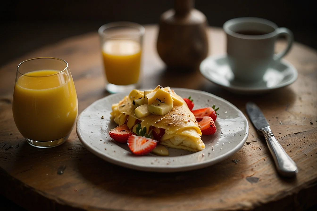 Una tortilla dulce esponjosa rellena de fresas, kiwi y peras, decorada con almendras laminadas y un toque de canela, servida con café y zumo de naranja sobre una mesa rústica.