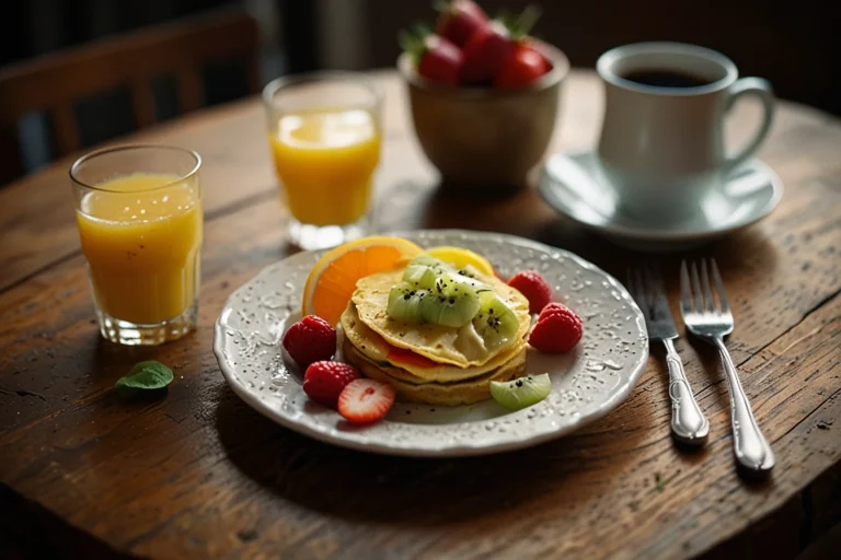 Una tortilla dulce esponjosa rellena de fresas, kiwi y peras, decorada con almendras laminadas y un toque de canela, servida con café y zumo de naranja sobre una mesa rústica.