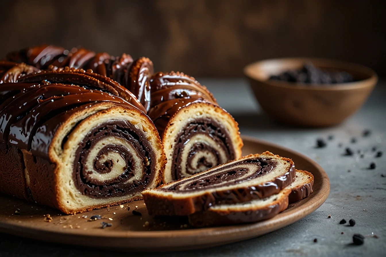 Babka de chocolate trenzada y brillante con relleno de chocolate negro