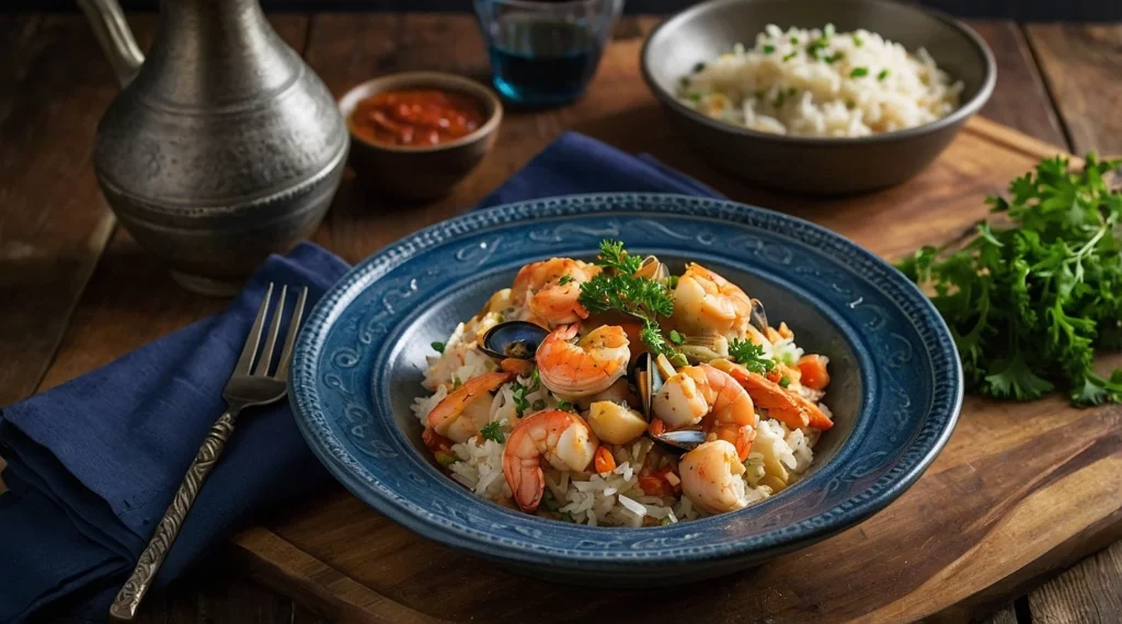 Plato de cazuela de mariscos con arroz servido en una sartén, acompañado de langostinos, camarones, calamares y verduras, espolvoreado con queso parmesano y cilantro fresco.