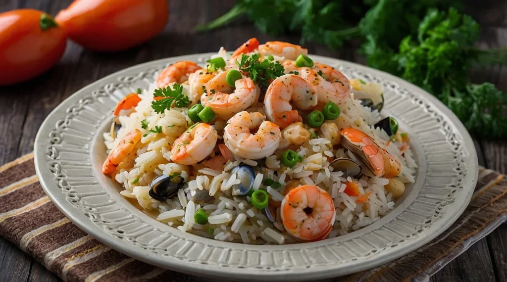 Plato de cazuela de mariscos con arroz servido en una sartén, acompañado de langostinos, camarones, calamares y verduras, espolvoreado con queso parmesano y cilantro fresco.