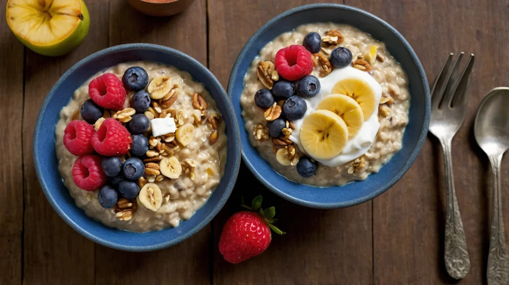 Avena cubierta con fresas, arándanos, frambuesas y una cucharada de yogur.