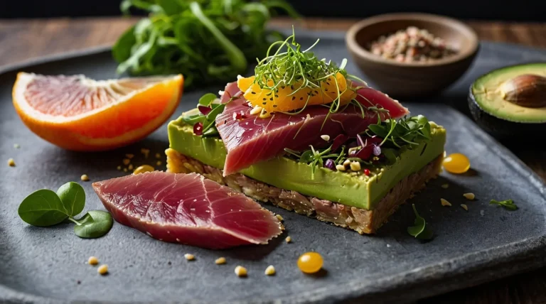 Tartar de Atún Rojo con Aguacate servido en un plato con decoración de sésamo y un toque de aceite de oliva